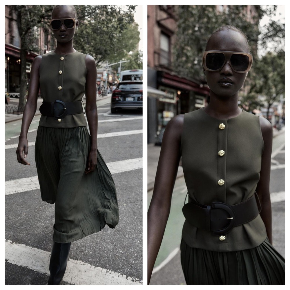 Zara Belted Pleated‎ Midi Dress Olive Green Gold Buttons 1165/199/505 Small NEW